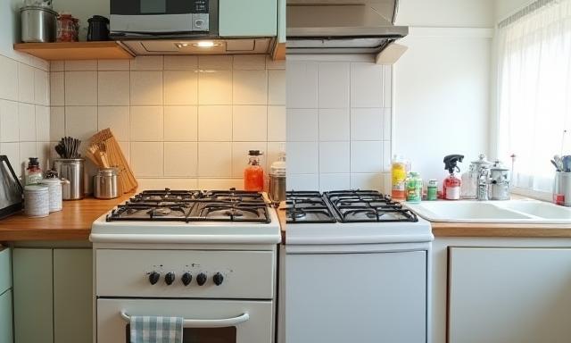 Before and after image of a cleaned kitchen