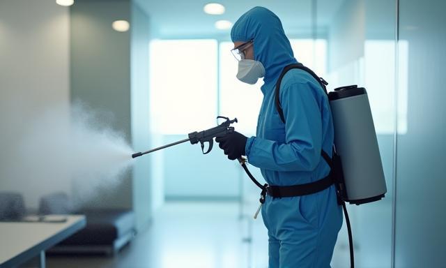 Technician disinfecting surfaces with a spray gun