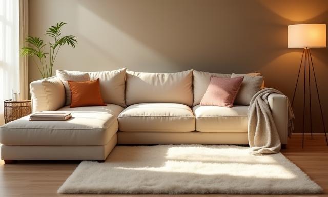 Spotless living room with comfy sofa and rug